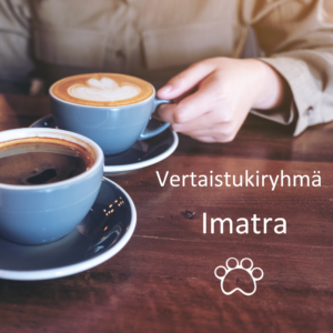 Valkoinen teksti vertaistukiryhmä Imatra. Valkoinen Leijonaemot logo.