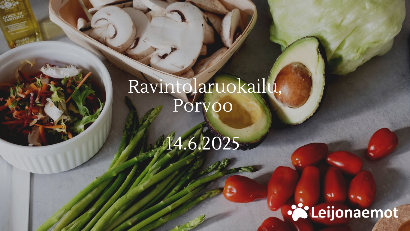 Porvoo Herkullisessa ruokapöydässä on erilaisia värikkäitä ruokavaihtoehtoja. Kuvan etualalla näkyy punaisia pieniä tomaatteja, vihreää parsaa ja vihreäruskeita avokadoja. Kuvan oikeassa alareunassa on Leijonaemojen valkoinen tassulogo.