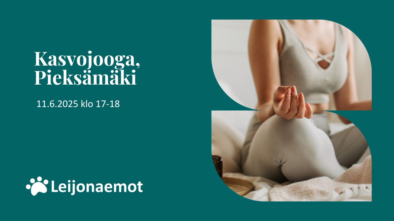Kuvassa on harmaisiin vaatteisiin pukeutunut nainen joogaamassa. Kuvassa on levollinen tunnelma. Kuvan vasemmassa alareunassa on Leijonaemojen valkoinen tassulogo.