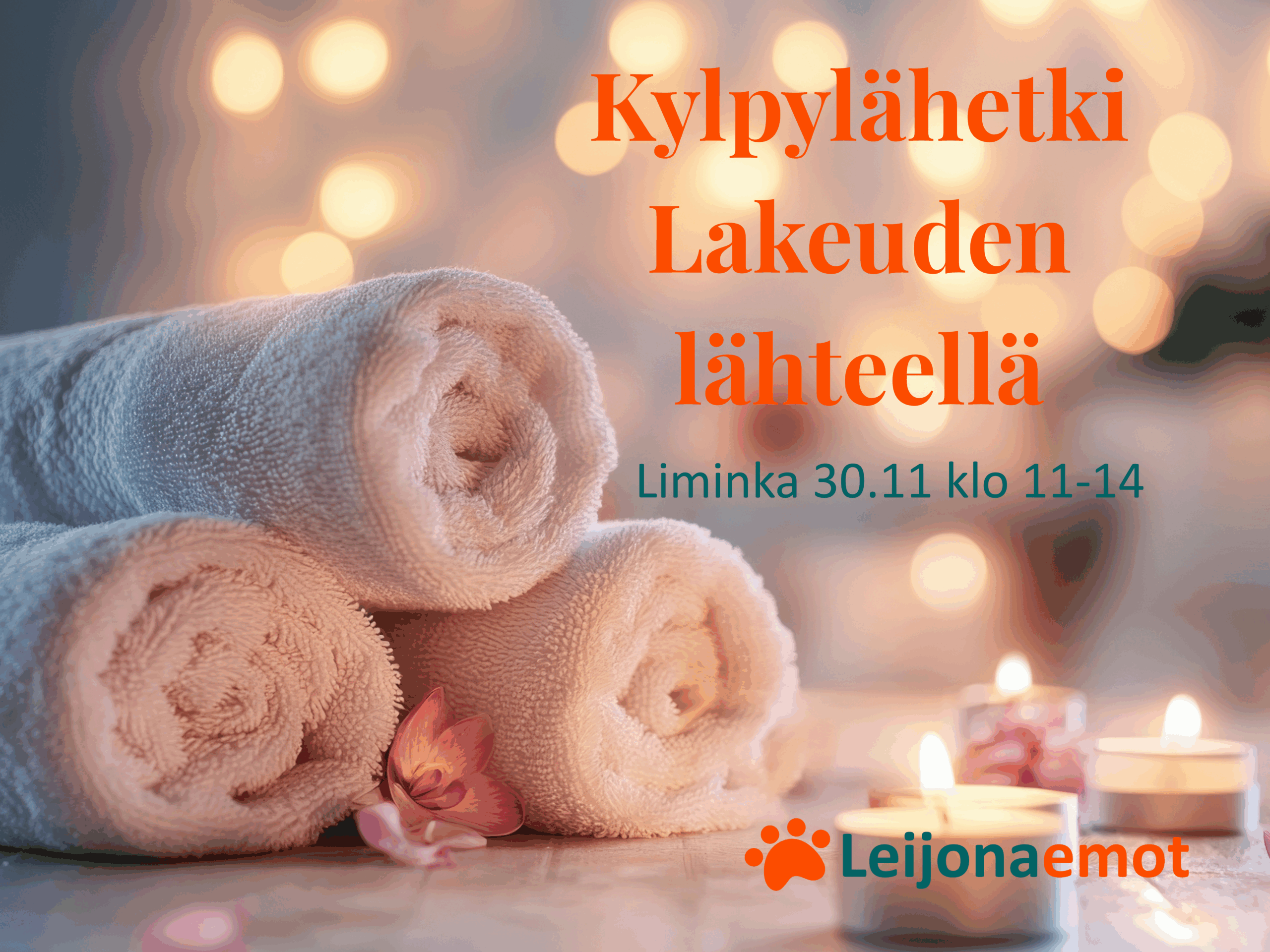 Rentouttavassa kuvassa on kolme pehmeää pyyhettä rullalla. Kuvan taustalla on lempeää valoa antavat kausivalot.