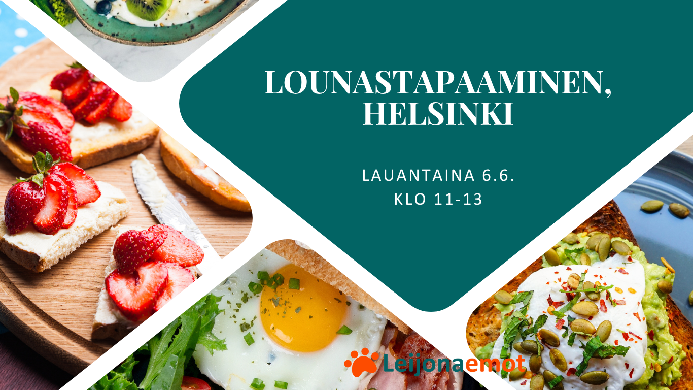 Houkuttelevassa ja värikkäässä kuvassa on erilaisia ruokavaihtoehtoja, esimerkiksi mansikoita ja paistettuja kananmunia. Kuvan oikeassa alareunassa on Leijonaemot ry:n värikäs tassulogo.