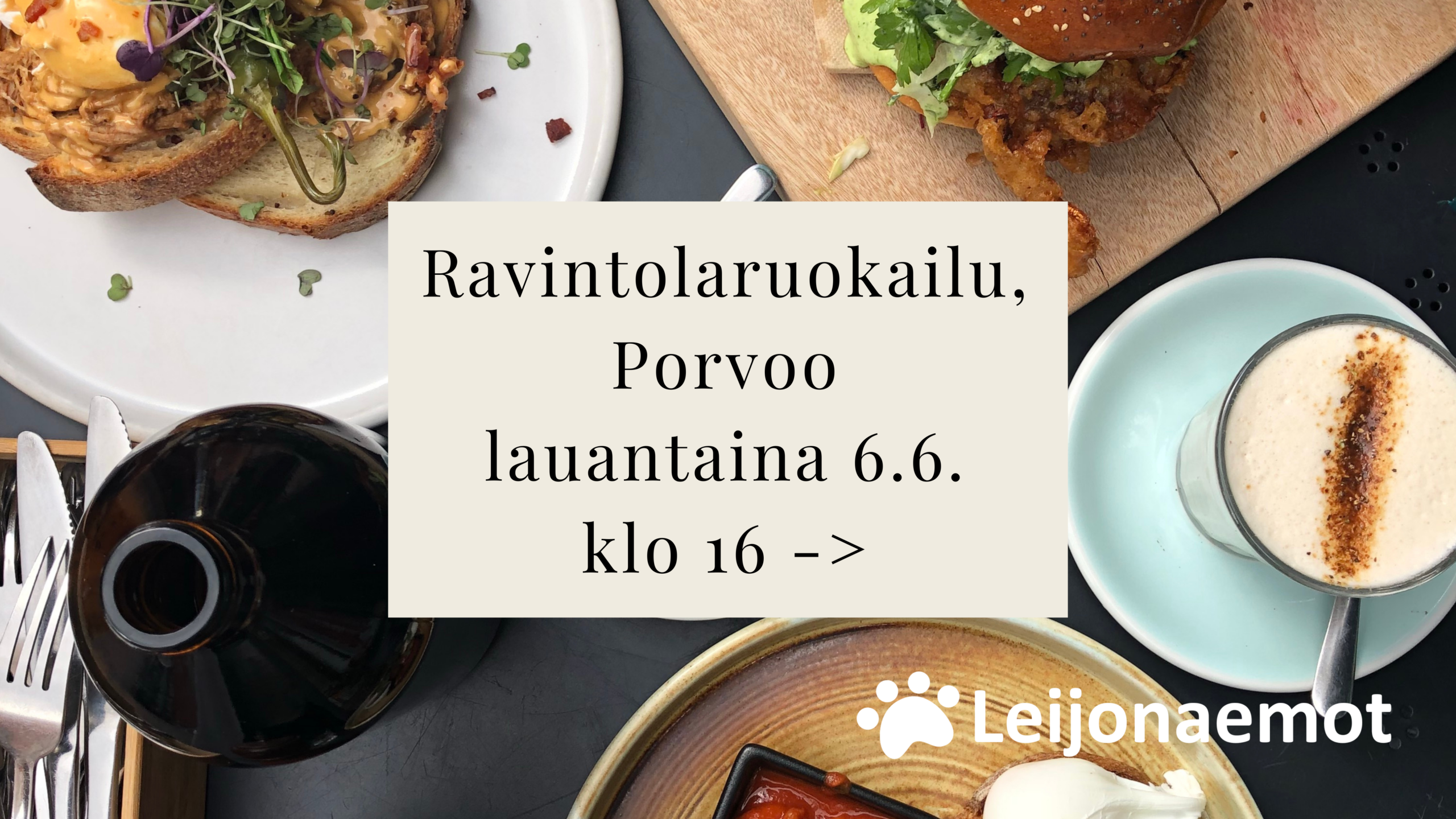Houkutteleva kuva ruoka-annoksista ja kahvikupista. Kuvan oikeassa alareunassa Leijonaemot ry:n valkoinen tassulogo.