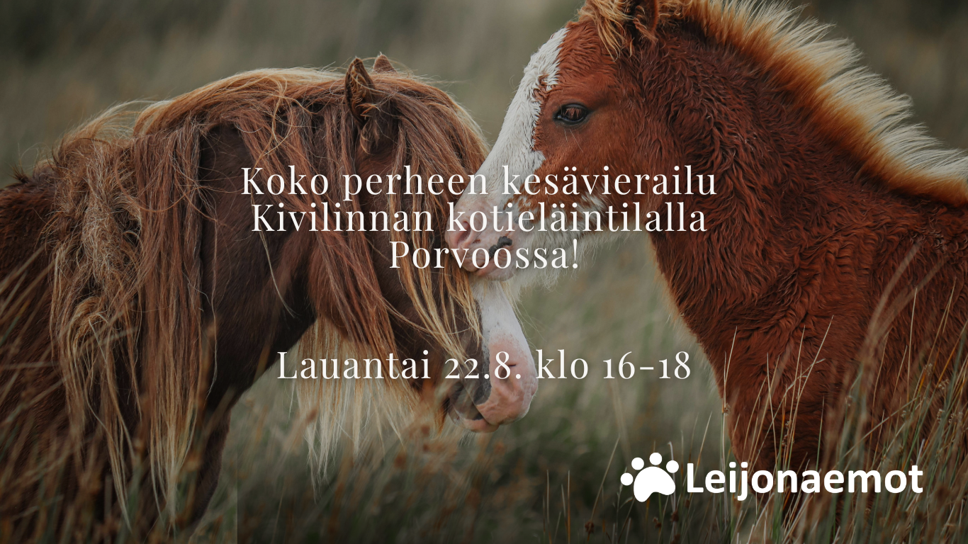 Leijonaemojen tapahtumamainos. Koko perheen kesävierailu Kivilinnan kotieläintilalla Porvoossa lauantaina 22.8. klo 16–18. Taustakuvassa kaksi ponia heinikossa. Leijonaemojen logo oikeassa alakulmassa.
